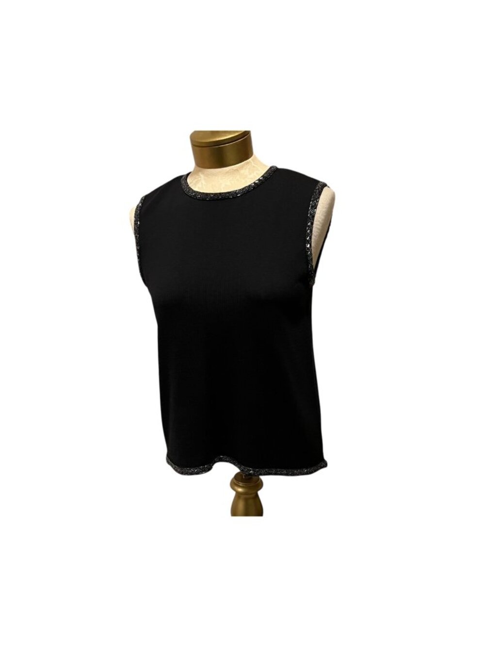Neiman Marcus Black Sleeveless Knit Top With Beaded Trim & Keyhole Back Vintage
